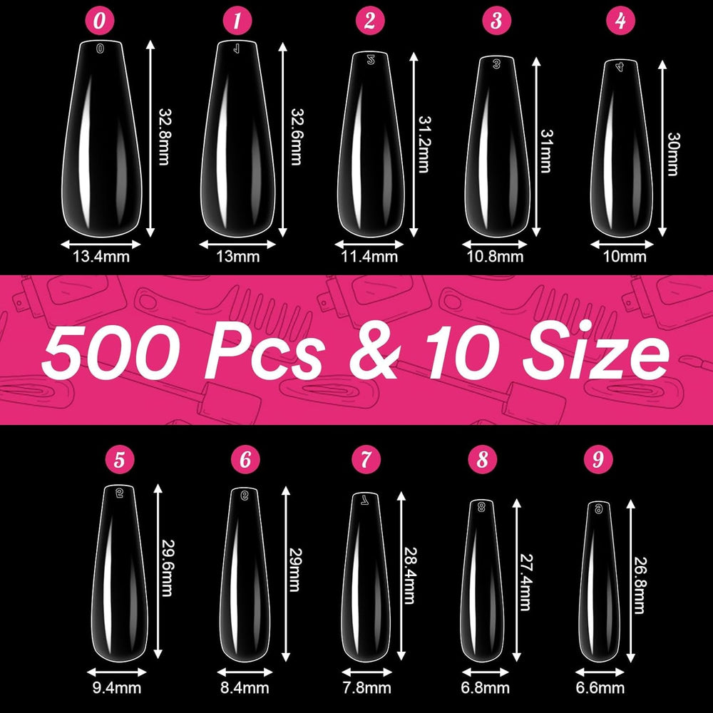 Alyvisun Lot de 500 faux ongles en acrylique à couverture complète avec 240 autocollants pour ongles, 10 tailles de pointes d'ongles en gel transparent, pointes d'ongles en gel souple, pointes d'ongles ballerine