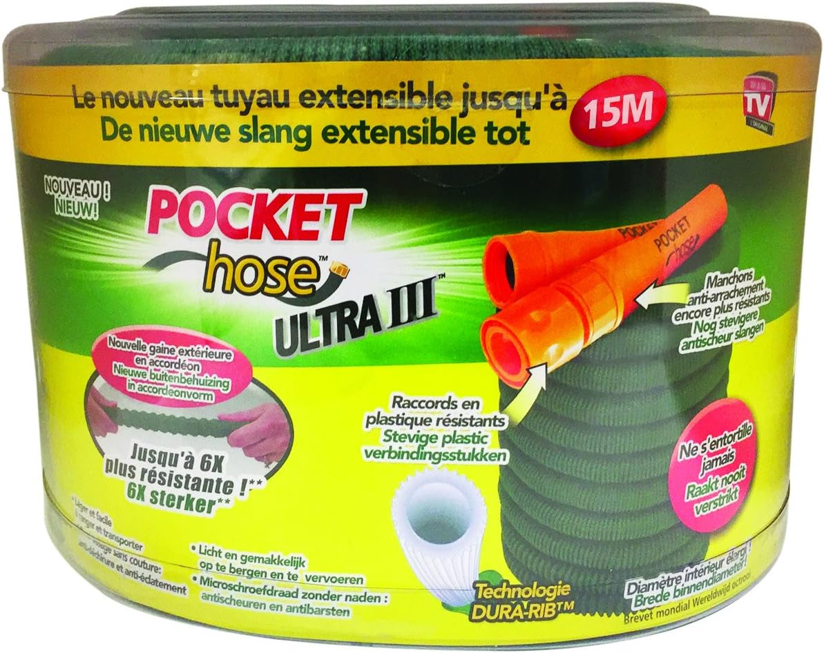Furtun de grădină retractabil Pocket Hose Ultra 3, 15 m, verde, nailon, pentru grădină