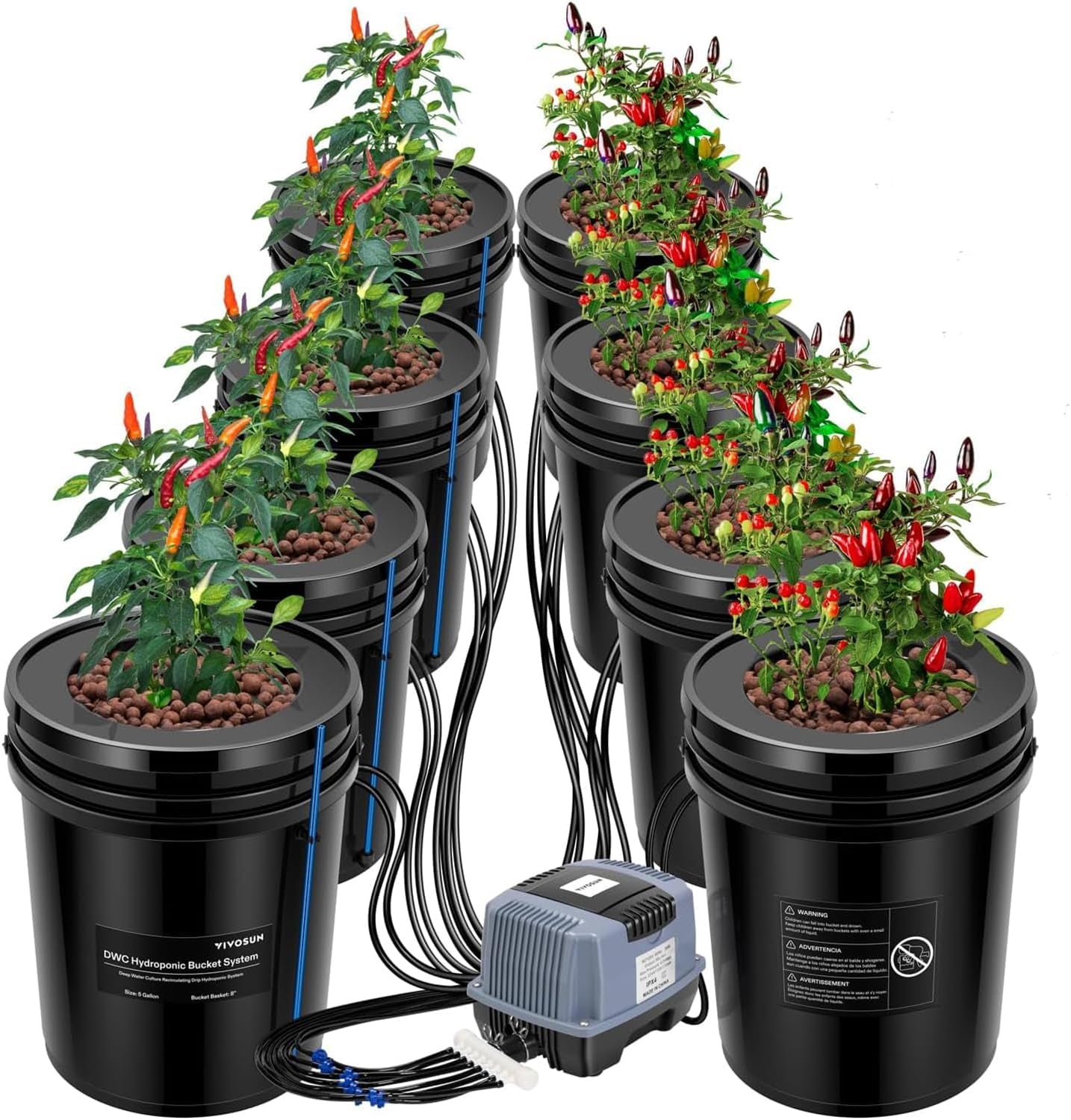VIVOSUN DWC Hydrokultur Anbausystem mit Topf-Dripkit, 5-Gallonen Tiefwasserkultur, Umwälz-Tropfgartensystem mit Mehrzweck-Luftschlauch, 8W Luftpumpe and Luftstein (1 seau + Top-Drip-Kit)