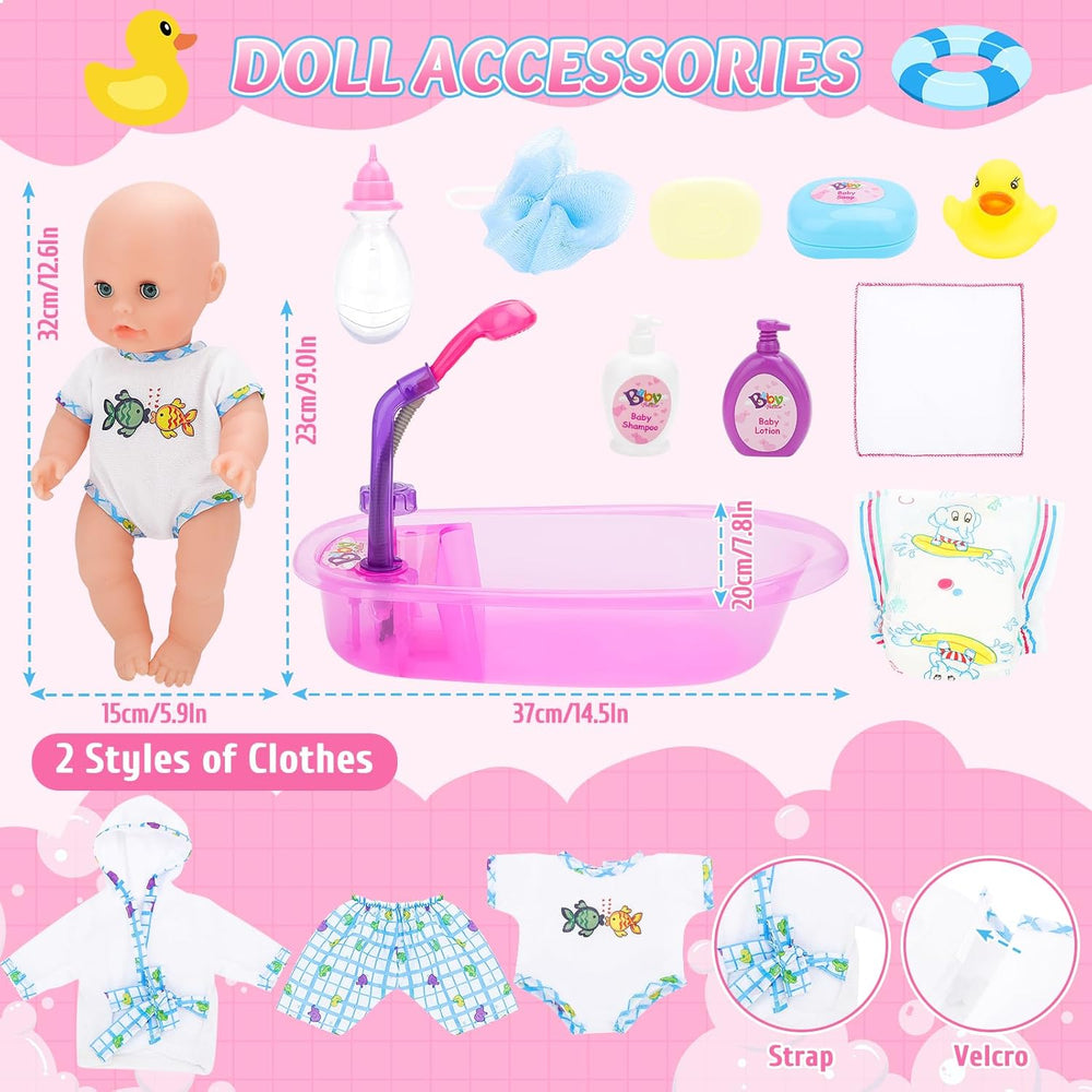 deAO Ensemble de Baignoire pour Poupée, Poupée Interactive de 33 cm, Bain de Poupée, Ensemble de Jeu pour Poupée avec Tétine, Vêtements de Poupée, Peignoir, Couches de Poupée, Baignoire et Douchette Fonctionnelle