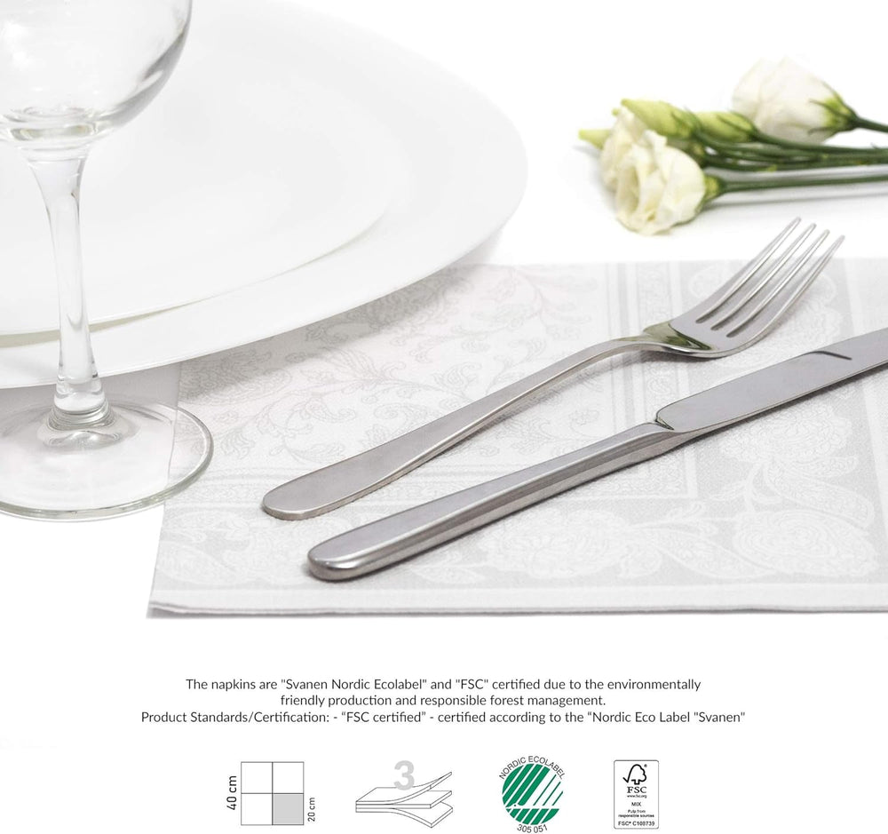 Papstar 11682 50 serviettes "Collection Royale" pli 1/4 40 X 40 cm "Ornements", blanc