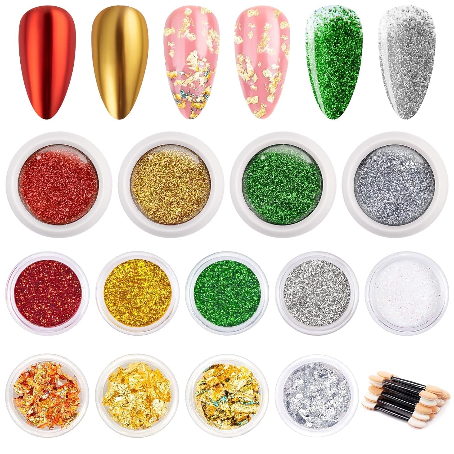24 couleurs Glitzer Set avec Blattgold et Glitzerpulver, Nageldesign Zubehör Pailletten Basteln Nail Art Glitter Mit Pinsel pour Nägel Gesicht Körper DIY Nagelkunst Make Up