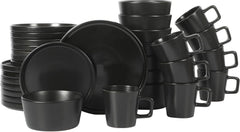 Set de veselă Bowery, 32 de piese, negru mat, gresie, farfurii, boluri și căni, serviciu pentru 8 persoane