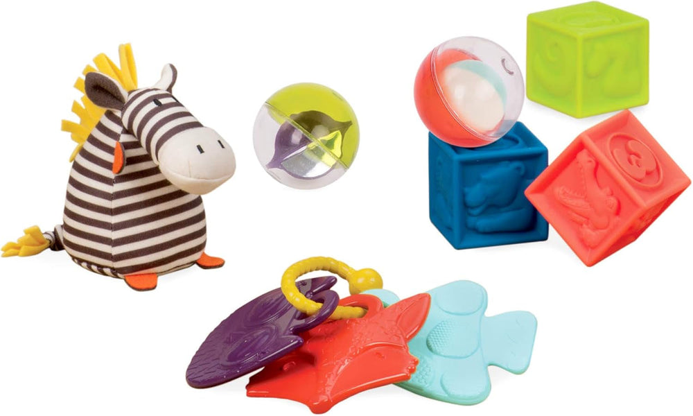 B. toys Ensemble de jouets pour bébé avec peluche zèbre, anneau de dentition, blocs de construction souples et balles - Coffret cadeau de jouets de motricité pour les nouveau-nés à partir de 0 mois Jouets pour bébés Naty Shop Titre par défaut