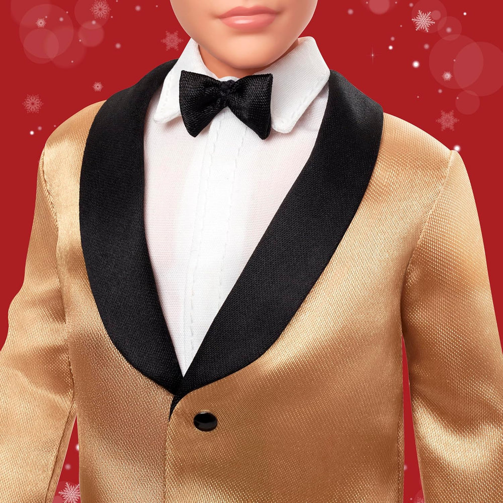 Barbie Signature 2025 Holiday Blonder Ken Modepuppe zum Sammeln in completem Anzug mit Goldener Jacke in Einer Verpackung zum Ausstellen et mit Puppenständer, JGK55