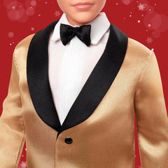 Barbie Signature 2025 Holiday Blonder Ken Modepuppe zum Sammeln in completem Anzug mit Goldener Jacke in Einer Verpackung zum Ausstellen et mit Puppenständer, JGK55