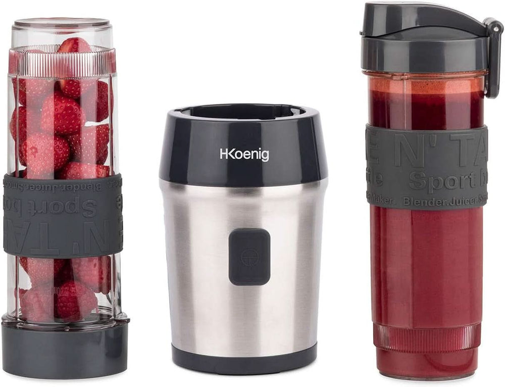 H.Koenig Smoothie Maker SMOO9 - Mini Robot Mixeur - Mini Blender - 300 Watt - 570 Ml - Edelstahl - 2 Kunststoffflaschen - Sans BPA, Grau Kitchen Naty Shop