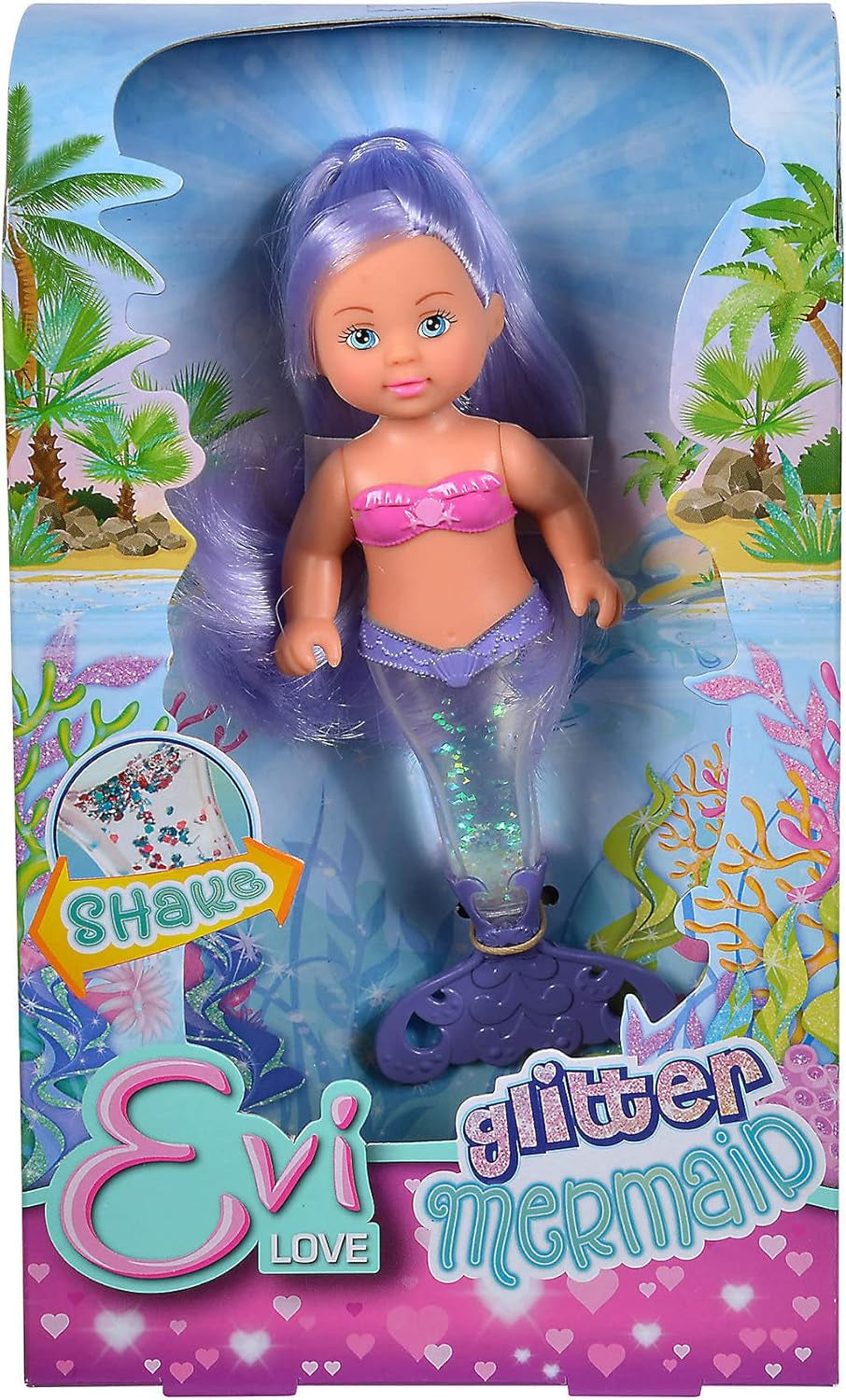 Simba 105733482 - Evi Love Glitter Mermaid, poupée sirène avec une nageoire caudale qui brille lorsqu'on la secoue. Un seul article est fourni.