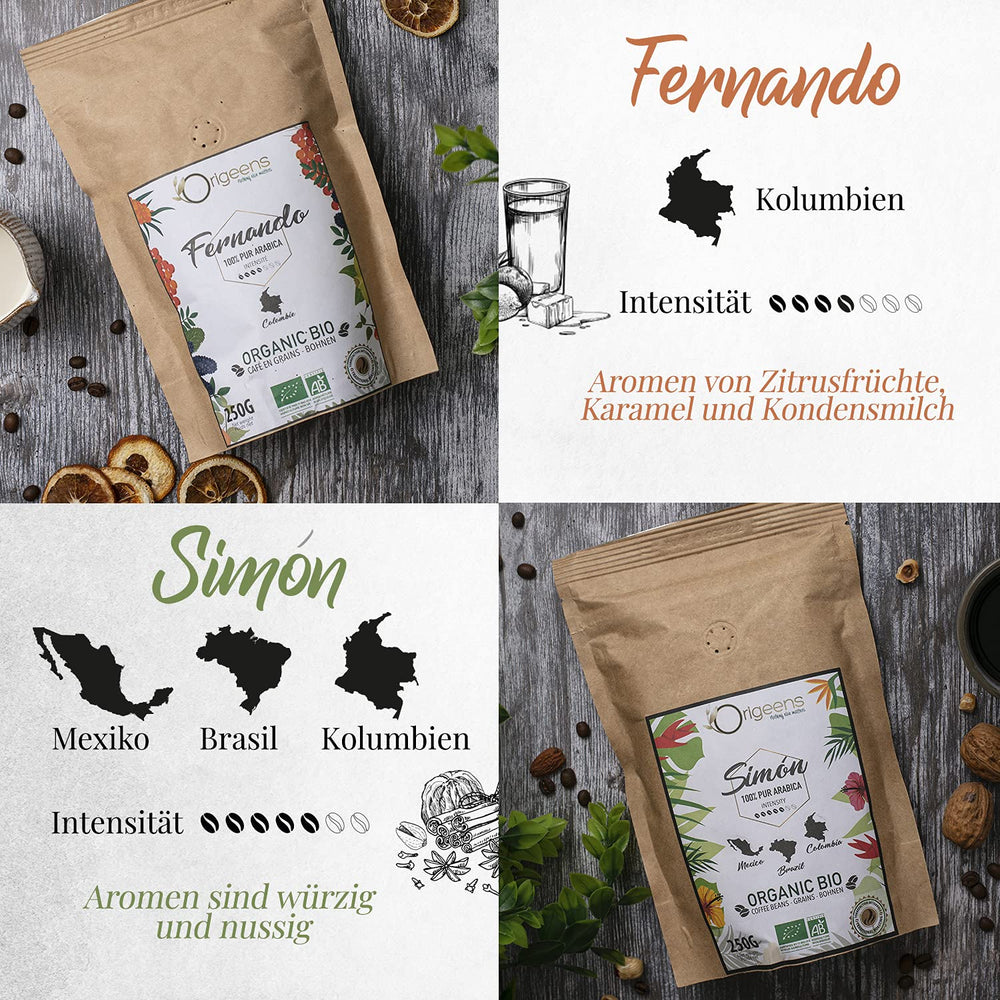 ORIGEENS Bio Kaffeebohnen Probiersset 1kg | Premium Bio Arabica Café Ganze Bohnen Set 4x250g | Röstung traditionnel | Ensemble de cafetières à café