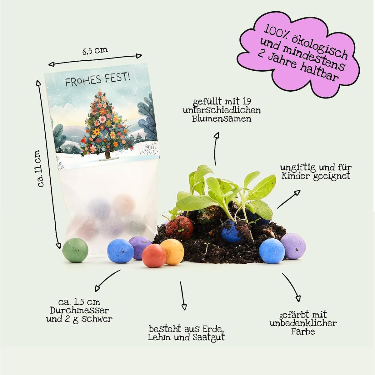 10 X Blumenmurmeln "Frohes Fest" | Kleines Geschenk & Nachhaltiges Mitgebsel Zu Weihnachten | Saatbomben Für Kollegen, Gäste & Kinder | Kleinigkeit Zum Advent, Adventskalender-Füllung Oder Nikolaus