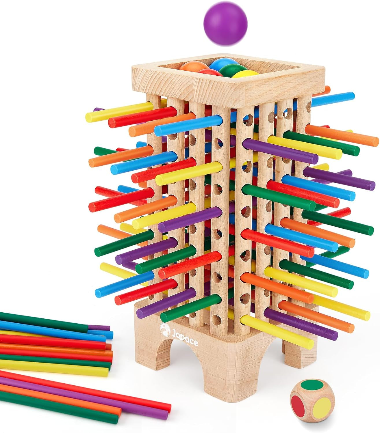 Japace Jeu de société Montessori en bois, 42 bâtons en bois colorés, jeu de dés, jouet d'apprentissage des mathématiques pour les âges 3, 4, 5, 6 ans, jouet de motricité fine et de comptage, jeu familial, jeu de voyage pour enfants