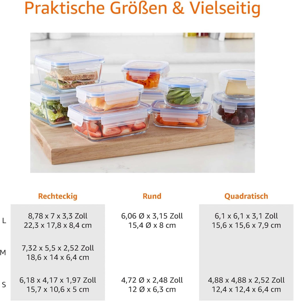 Amazon Basics recipiente de sticlă pentru alimente, cu capac, pachet de 20 (10 recipiente + 10 capace), fără BPA, albastru transparent Cutii depozitare alimente Naty Shop