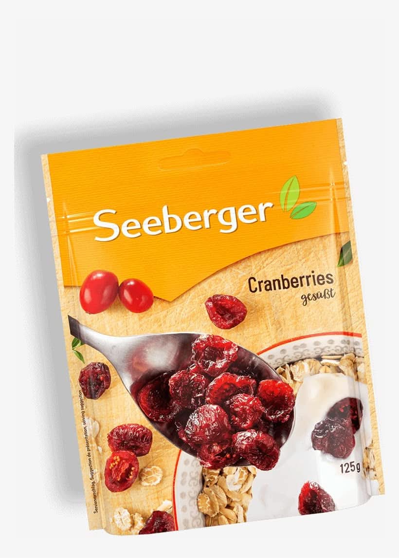 Seeberger, canneberges canadiennes coupées en deux, produits déshydratés fruités et sucrés Naty Shop 125 grammes