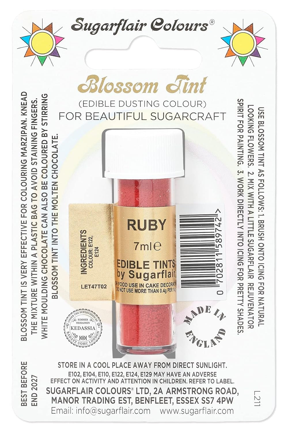 Colorant alimentaire en poudre Sugarflair Blossom Tint Dusting Ruby - Colorant alimentaire en poudre pour décorer pâte à sucre colorée, fondant, glaçage, chocolat, crème au beurre, macarons - 7 ml