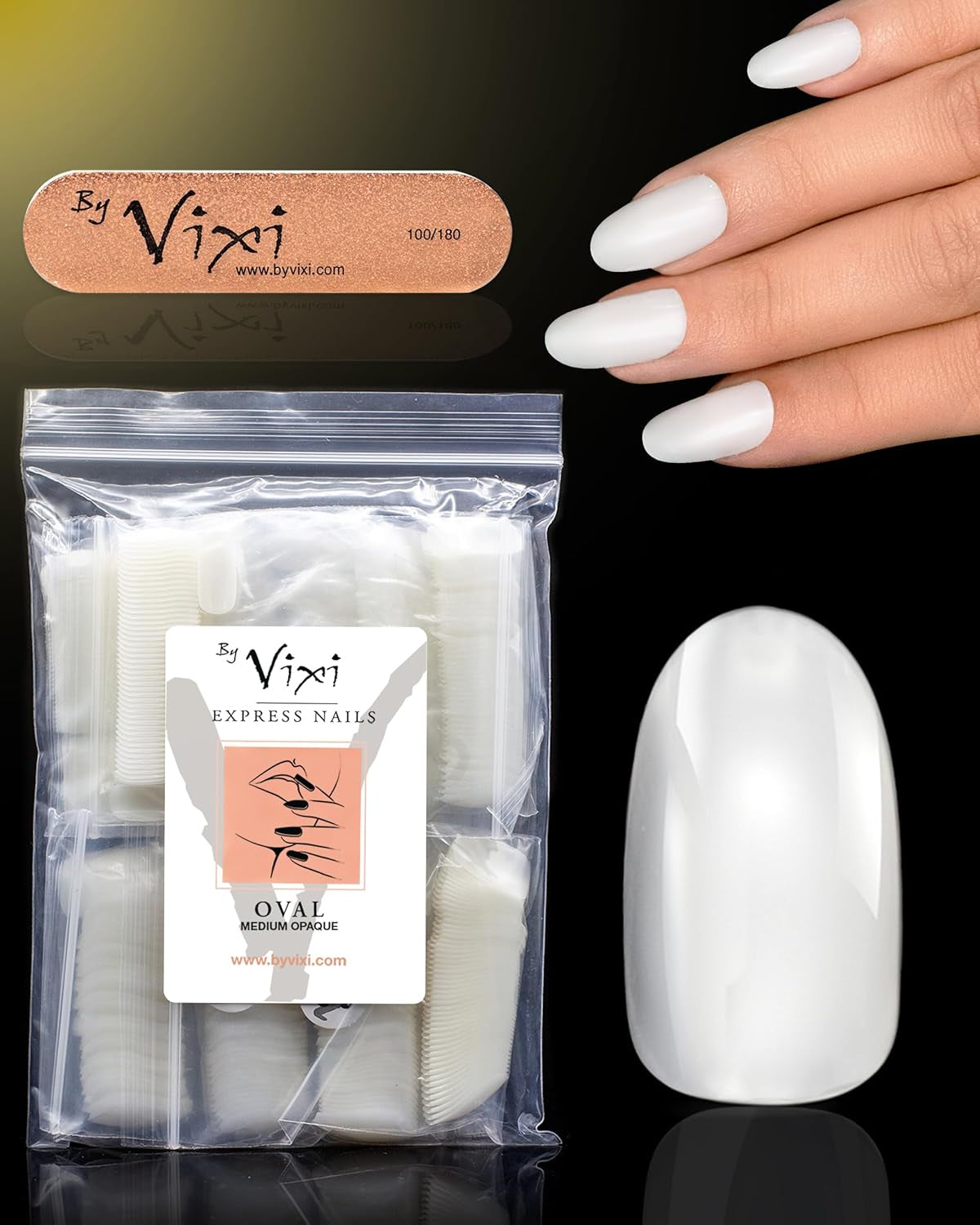 Vixi 600 Extensions d'ongles ovales courtes avec lime de préparation, 10 tailles - Couverture complète, Opaque. Pour professionnels et usage domestique.