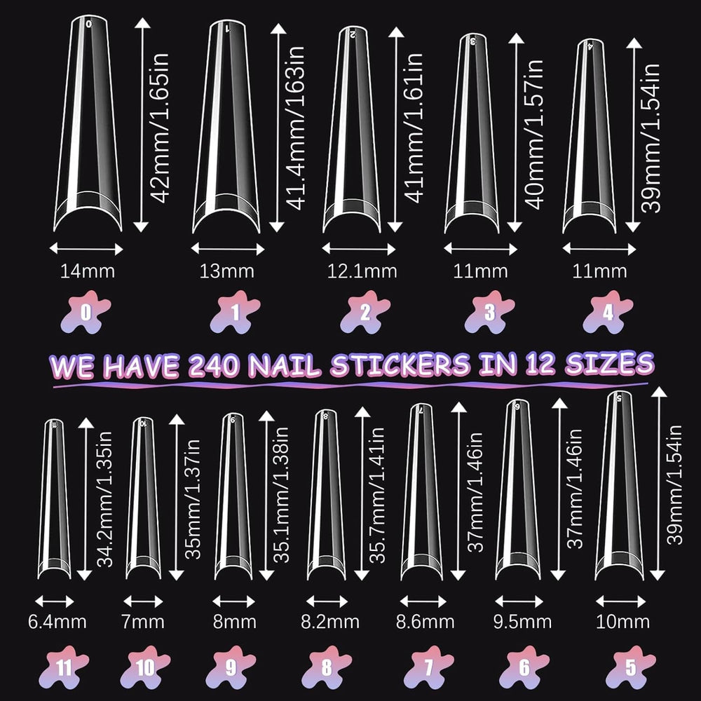 Faux Ongles Transparents Extra Longs 240 Pièces Demi-Couverture Faux Ongles Carrés Droits Faux Ongles Extensions d'Ongles Français pour Salons de Manucure et DIY Nail Art