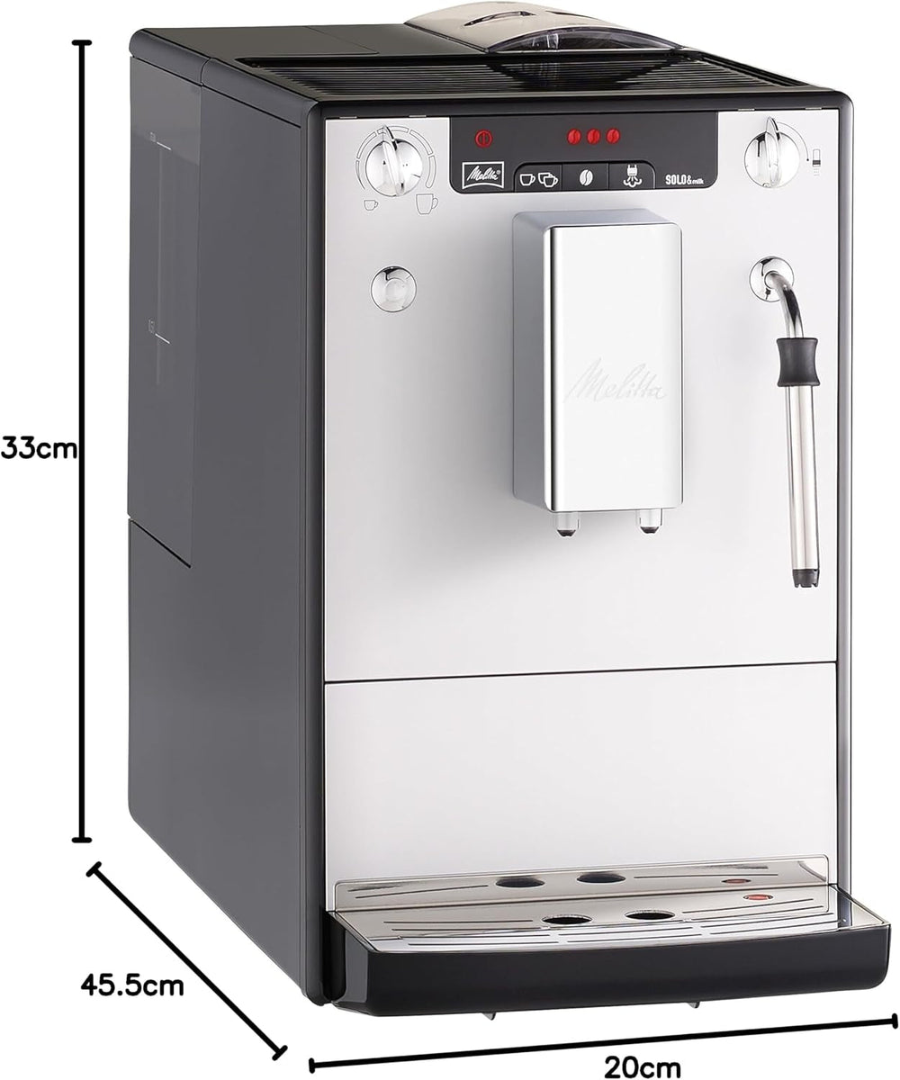 Melitta Solo & Milk - Machine à café fine entièrement automatique avec mousseur à lait, machine à café avec réservoir d'eau amovible, par ex. café ou cappuccino, argent