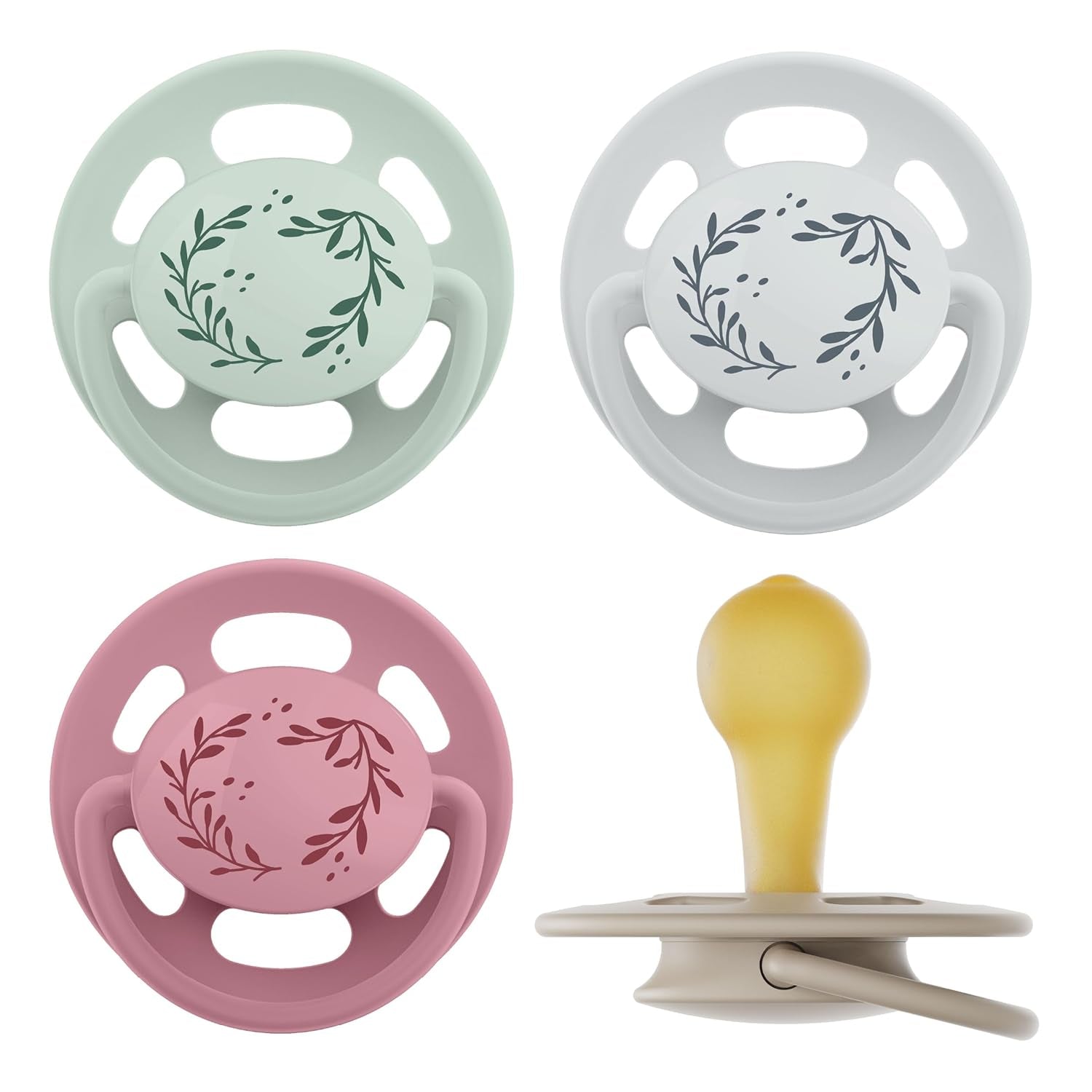 pincement - Vert Cerise | 0-6 mois | Paquet de 4 | Sucette pour bébé, adaptée à l'allaitement et à la dentition. Sucette durable, fabriquée à partir de matières premières naturelles, vert clair/marron