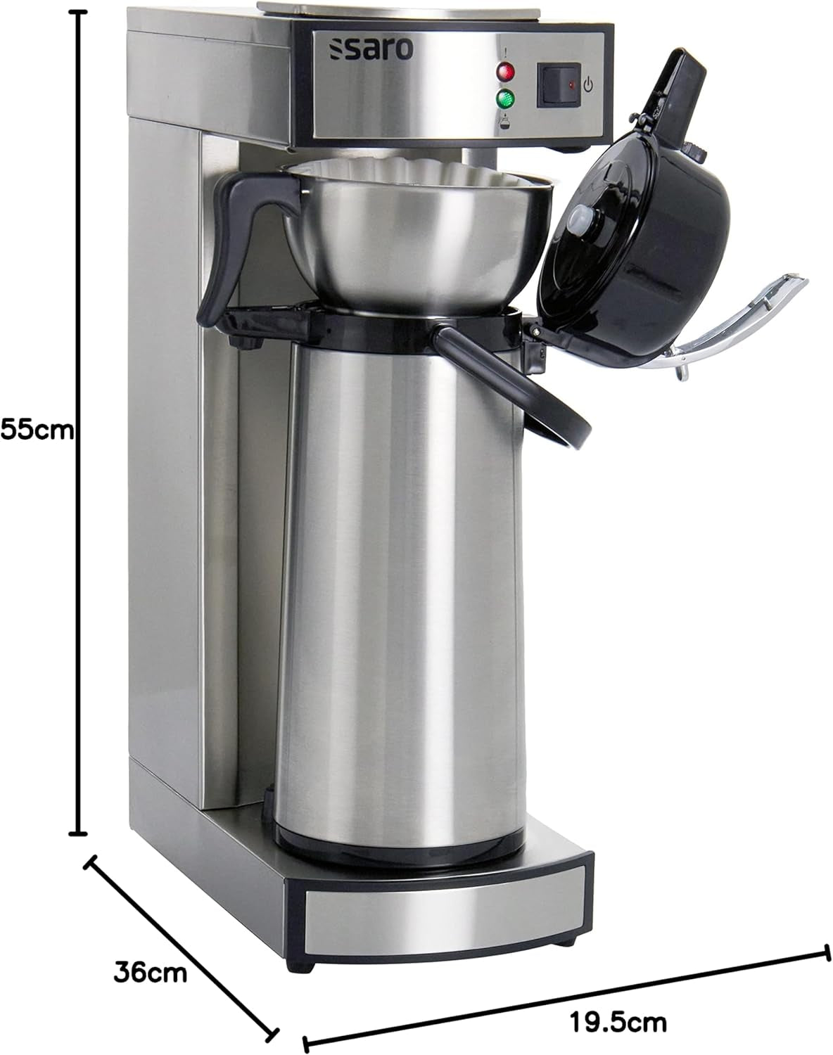 Machine à expresso Saro, avec carafe et pompe isolée en acier inoxydable – 2,2 l – temps de préparation env. 5–6 min – protection en cas de fonctionnement sans eau – 2,069 kW – modèle THERMO 24