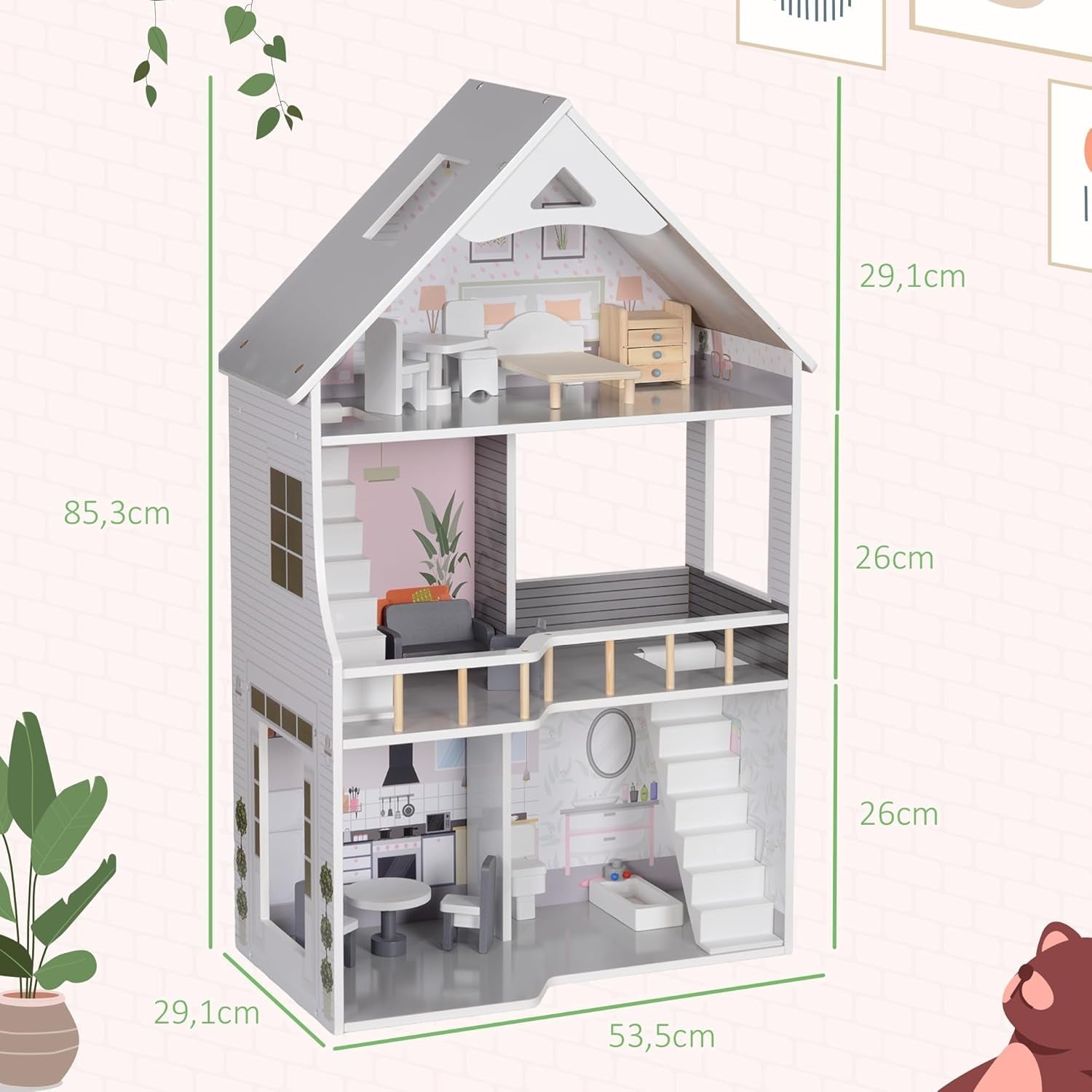AIYAPLAY Maison de poupée en bois, maison de jeu à 3 étages avec 13 meubles, accessoires, maison de poupée de 85,3 cm de hauteur pour 3 à 6 ans, maison de poupée grise Naty Shop