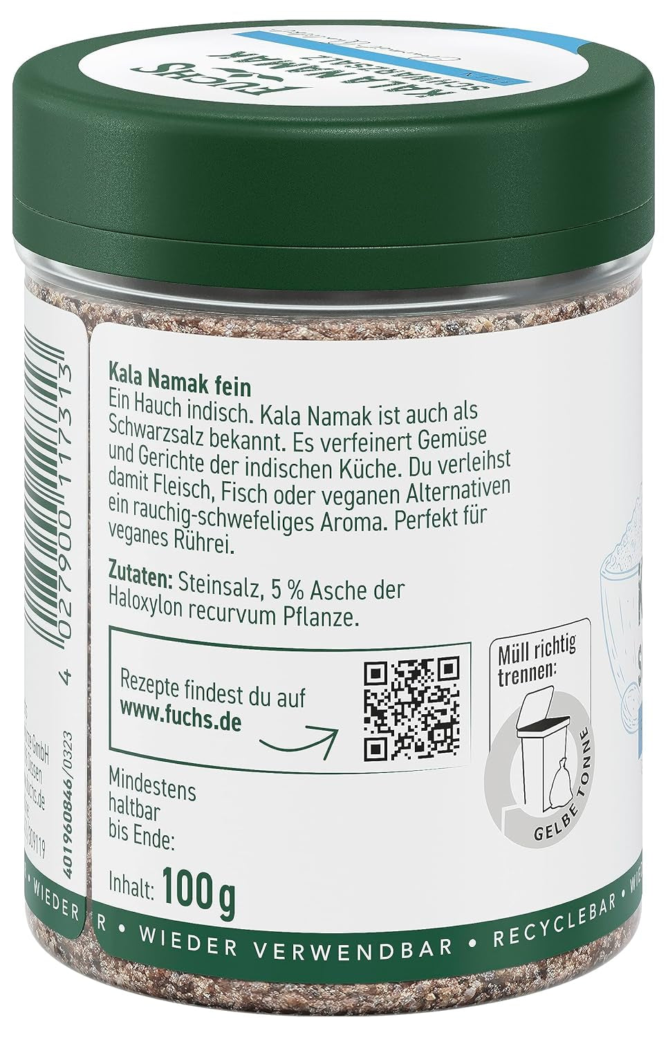 Fuchs Gewürze - Kala Namak - Schwarzsalz - Gewürzsalz für veganes Rührei - ingrédients naturels - 100 g en dose variable, recyclable