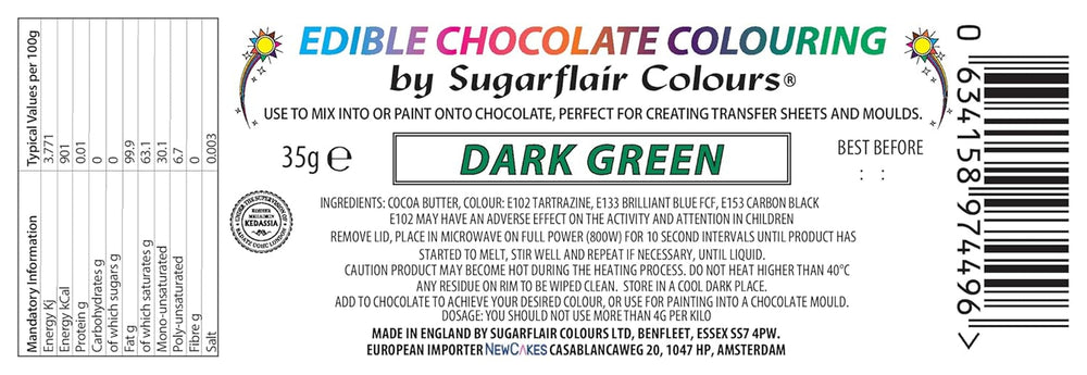 Colorant alimentaire Sugarflair Chocolate Colorant alimentaire pour chocolat vert foncé - Beurre de cacao bio coloré, colorant chocolat pour colorer chocolat, pralines - 35g