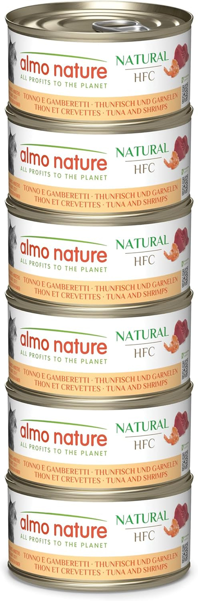Almo Nature HFC Natural - Nourriture humide pour chat adulte - Thon et crevettes - Qualité humaine, Sans gluten - 6 x 70g