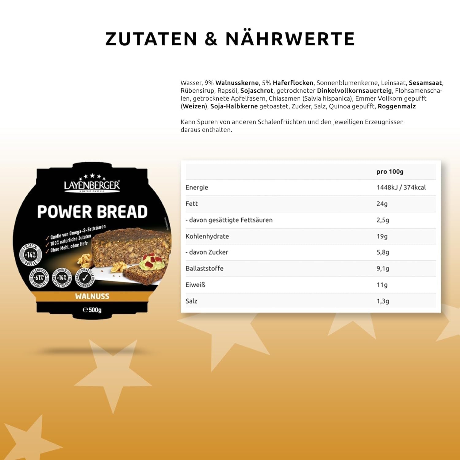 Layenberger Prower Bread Walnut, Eiweiß- Und Ballaststoffquelle, Ohne Konservierungsmittel, Ohne Hefe, Ohne Mehl, Mit 14G Protein Pro 100G, (1 X 500G) Mélange pour la pâtisserie et la cuisine Naty Shop