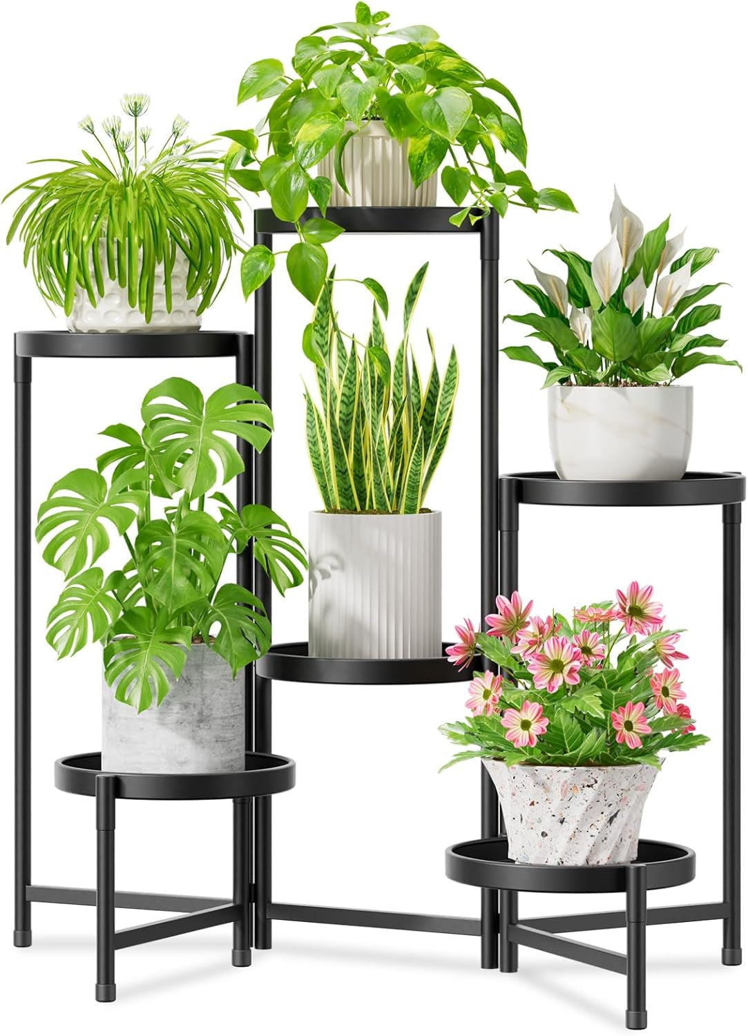 Idavosic.Ly Pflanzenständer Metall Groß Mit 5 Etagen, Blumenständer Pflanzenregal Blumenregal Indoor Outdoor, Faltbar Blumentreppen Innen Plant Stand Shelf Für Garten Balkon Wohnzimmer (Rund, Schwarz)