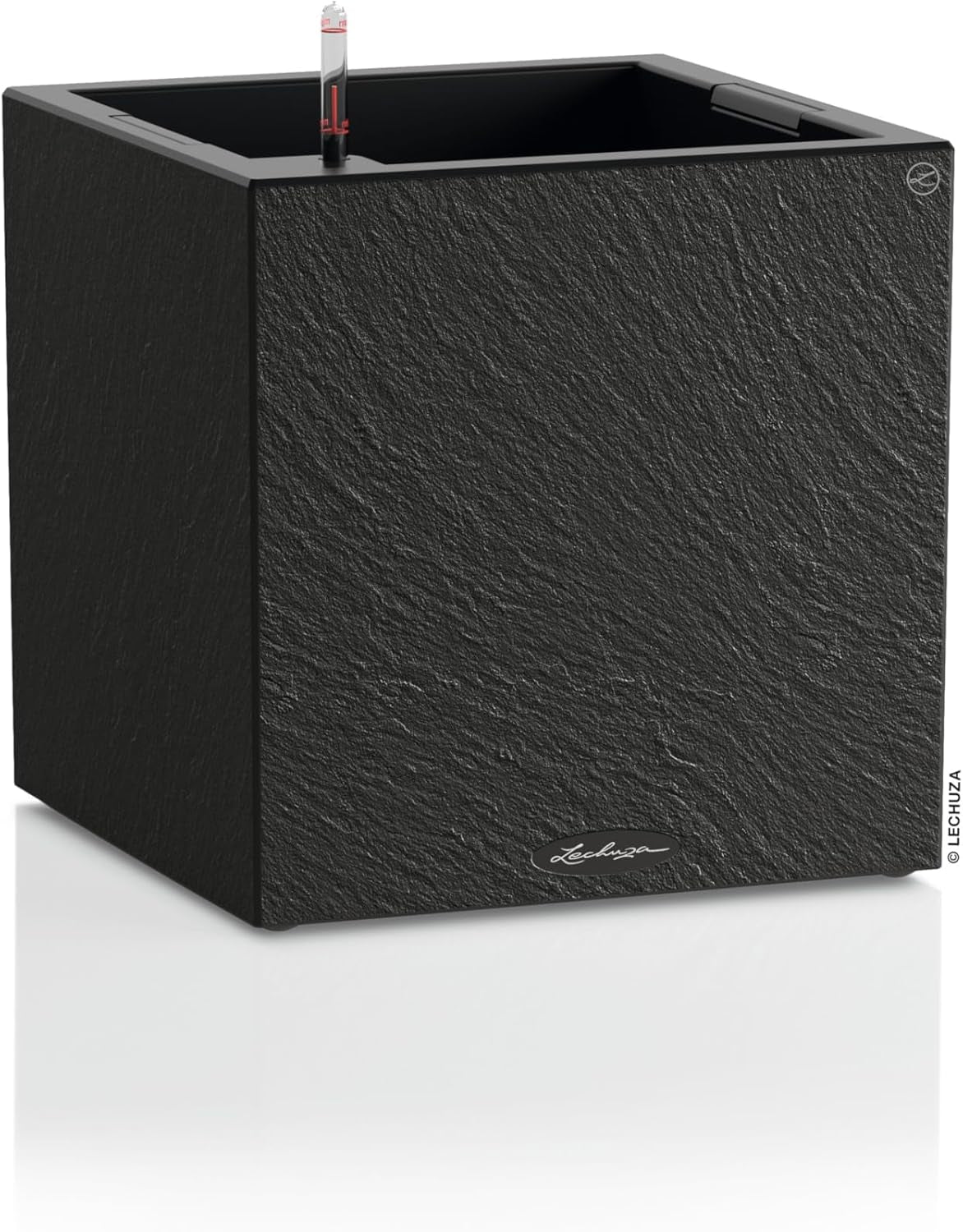 Ghiveci LECHUZA Canto Slatestone 40 Low Gri Închis, ghiveci cu sistem de udare, indicator al nivelului apei și inserție pentru plante, aspect ardezie, 40 x 40 x 40 cm, 15951