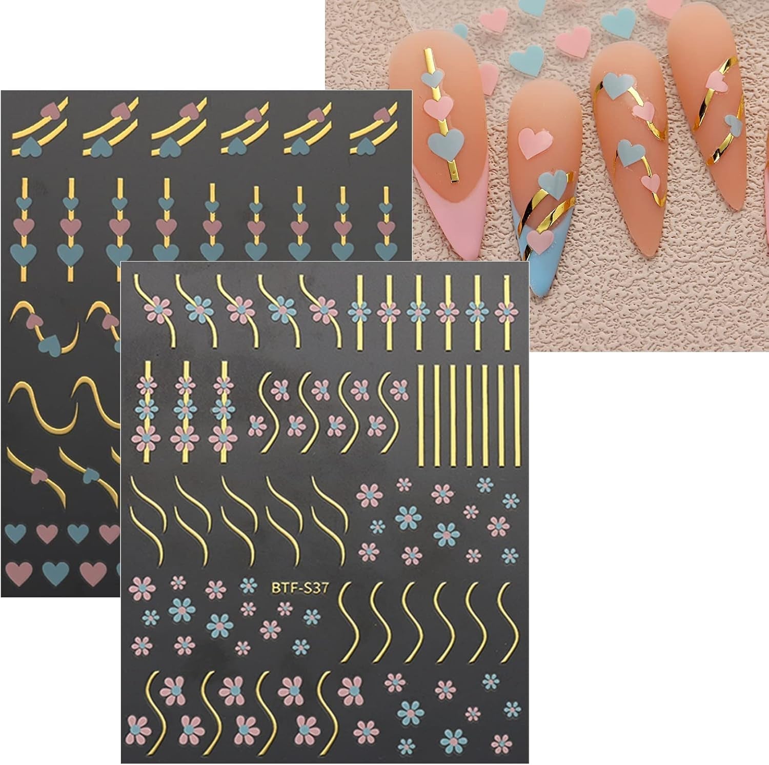 JMEOWIO Nagelsticker Herz Linien Blumen 9 Blatt Nail Art Sticker Selbstklebend Nagelaufkleber Bunte Dekoration Nageldesign Zubehör