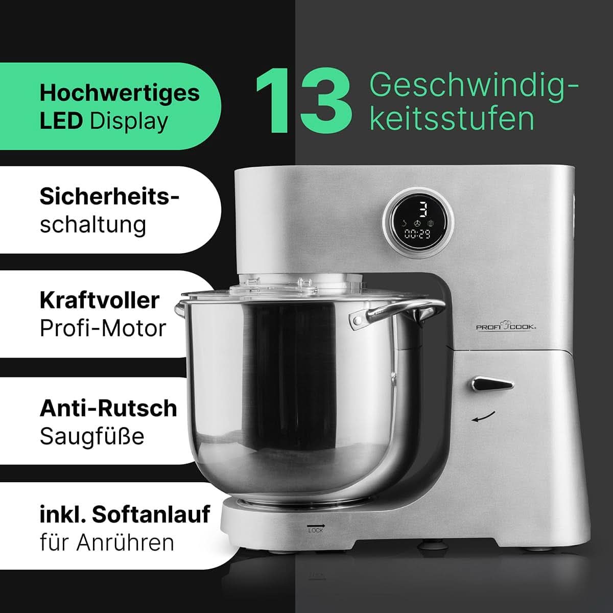 Proficook® Machine de cuisine avec XXL 12L Schüssel | Machine à laver avec moteur Longlife-Profi 2500W | Métallurgie et affichage LED | Robot Culinaire Pour Bis Zu 8,5 Kg Pâte | 13 vitesses | PC KM 1254 Mère et Enfant Naty Shop
