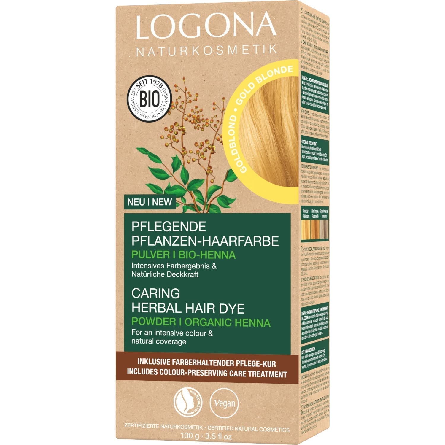 LOGONA Natural Cosmetics Teinture capillaire nourrissante à base de plantes, teinture capillaire végétalienne en poudre de henné biologique pour une couleur et une brillance intenses, teinture capillaire à base de plantes en blond cuivré (blond), 1 x 100 g Naty Shop Coloration capillaire blond doré 100 g (1 paquet)