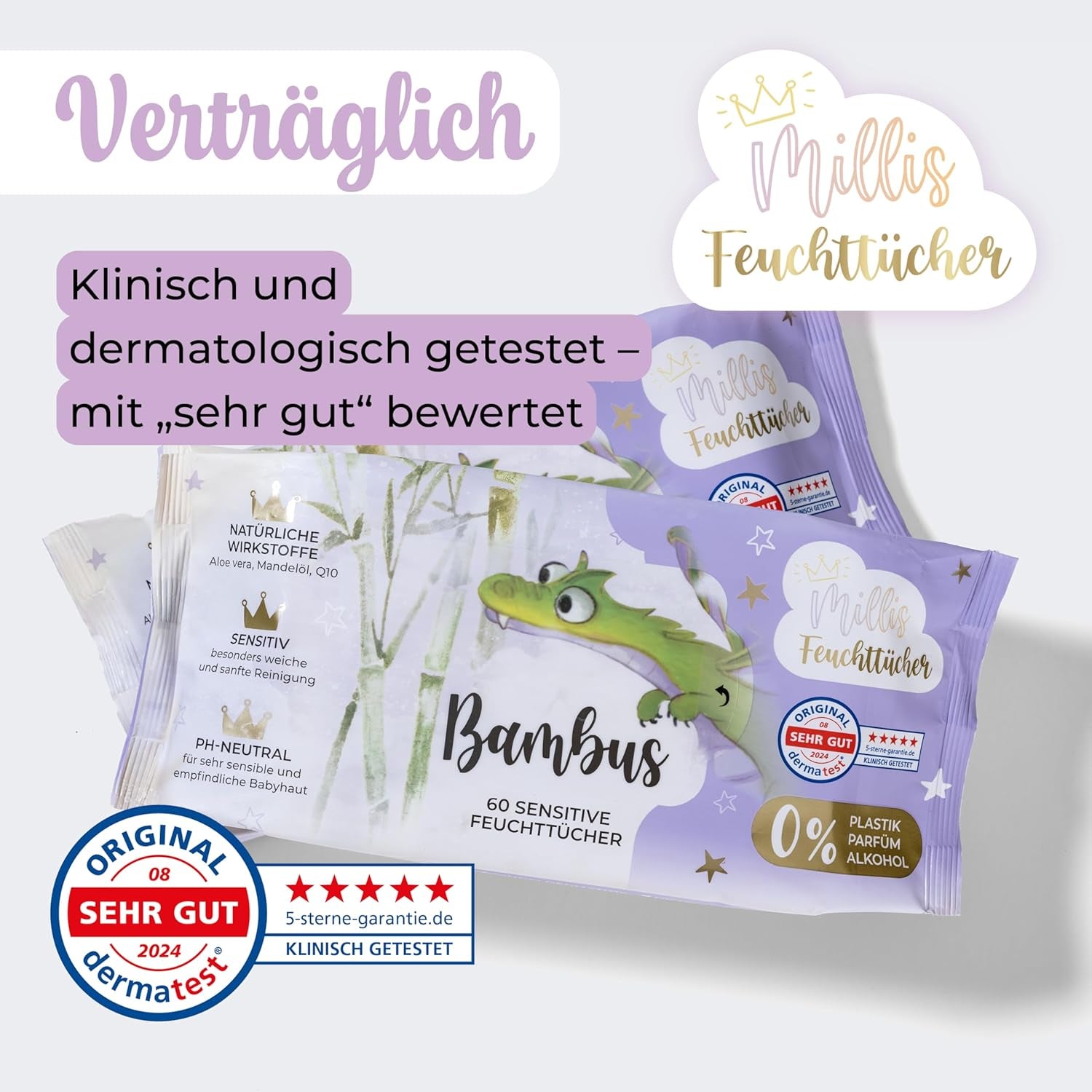 Lingettes humides Millis Bamboo Baby Sensitive pour peau délicate de bébé - 5 x 60 pièces - Nettoyage naturel, doux et durable - Lingettes bébé biodégradables, sans plastique et sans alcool