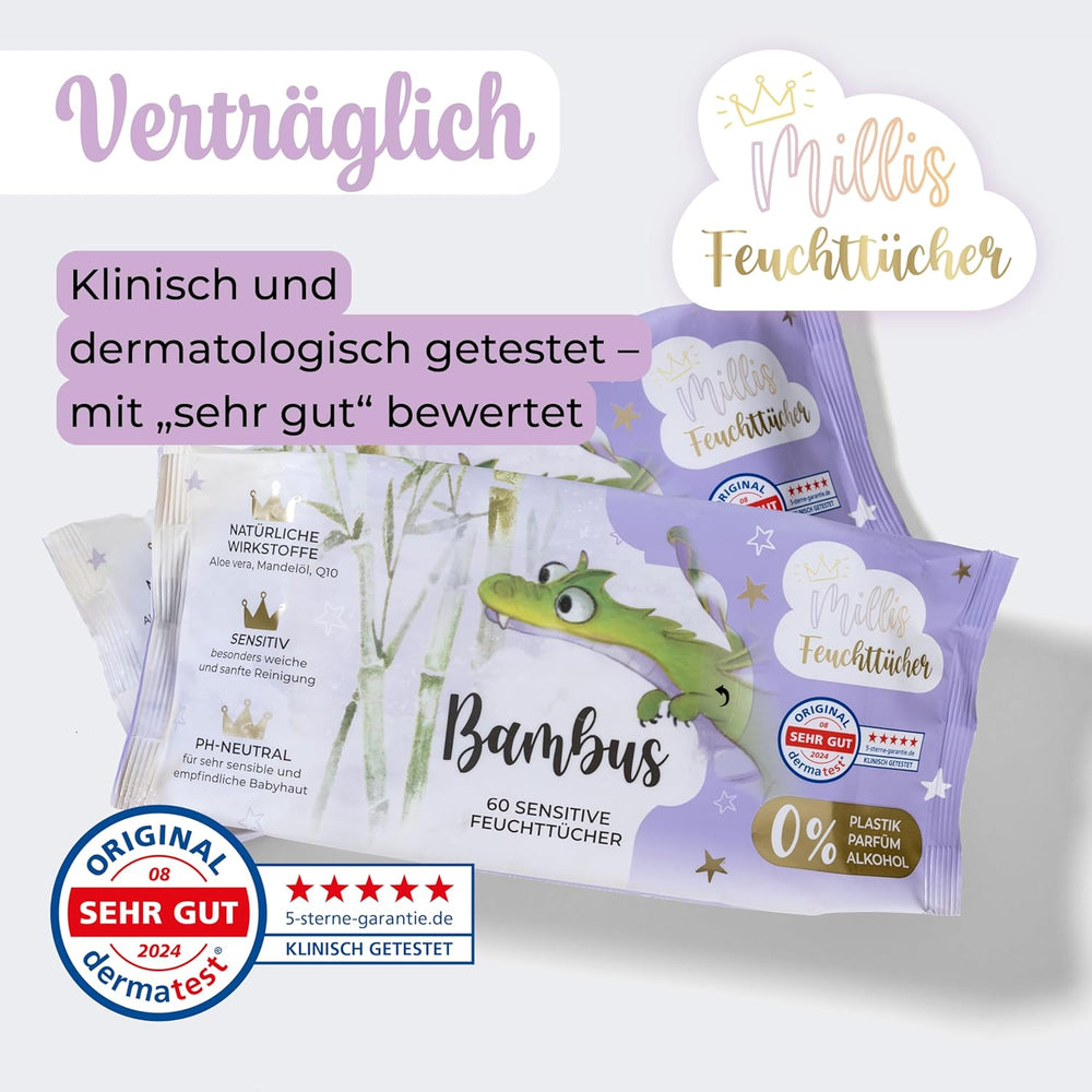 Lingettes humides Millis Bamboo Baby Sensitive pour peau délicate de bébé - 5 x 60 pièces - Nettoyage naturel, doux et durable - Lingettes bébé biodégradables, sans plastique et sans alcool