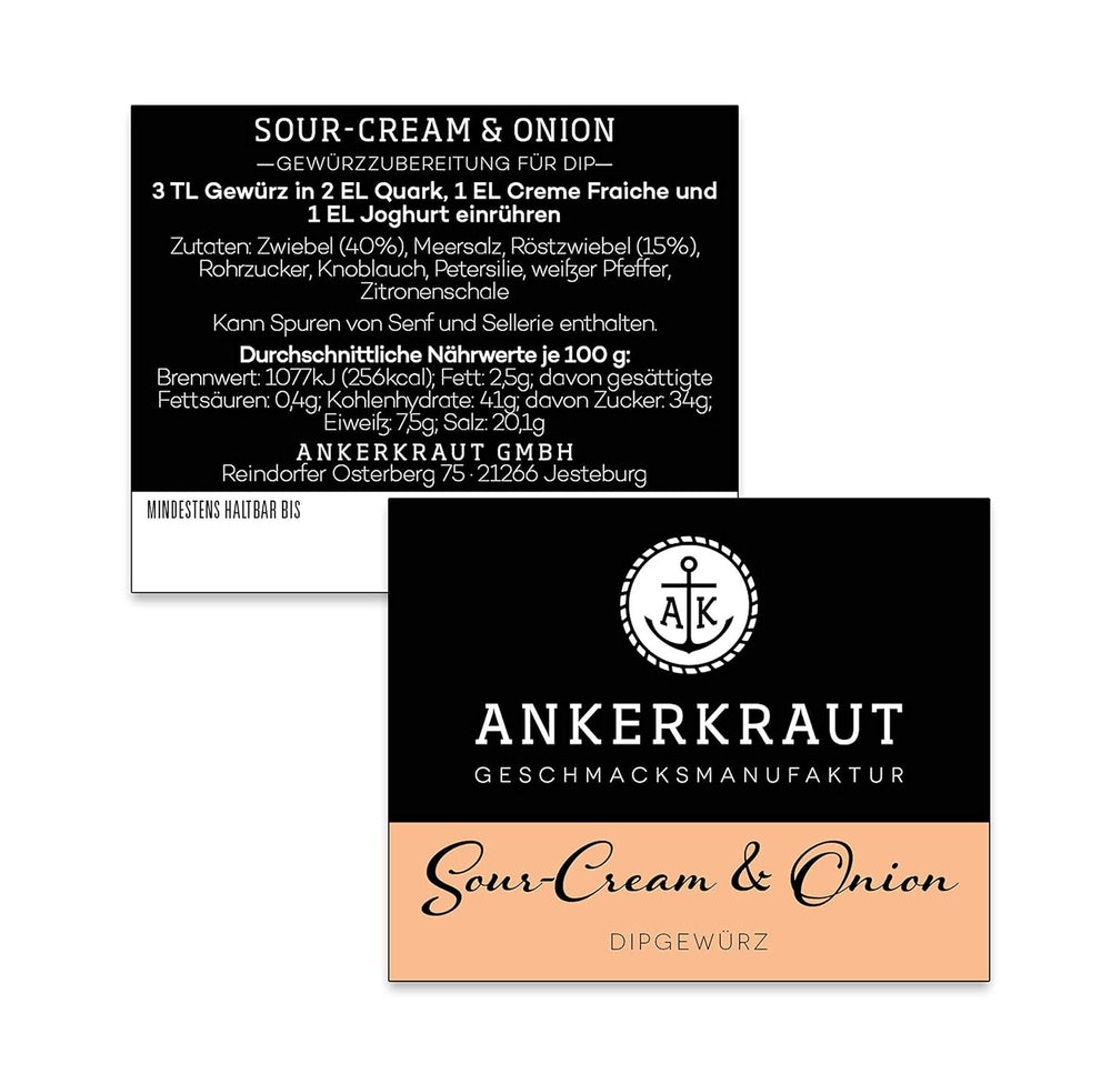 Ankerkraut "Sour-Cream & Onion", Dip-Gewürzmischung for Kartoffelspalten, Brot, Fleisch or Chips, 160g dans un sachet aromadichten
