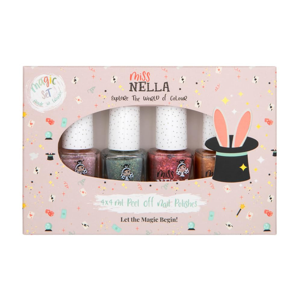 Miss Nella Magic Collection Lot de 4 vernis à ongles pailletés : rose, rouge, or et bleu, vernis à ongles amovible spécial enfants, non toxique, à base d'eau, sans odeur