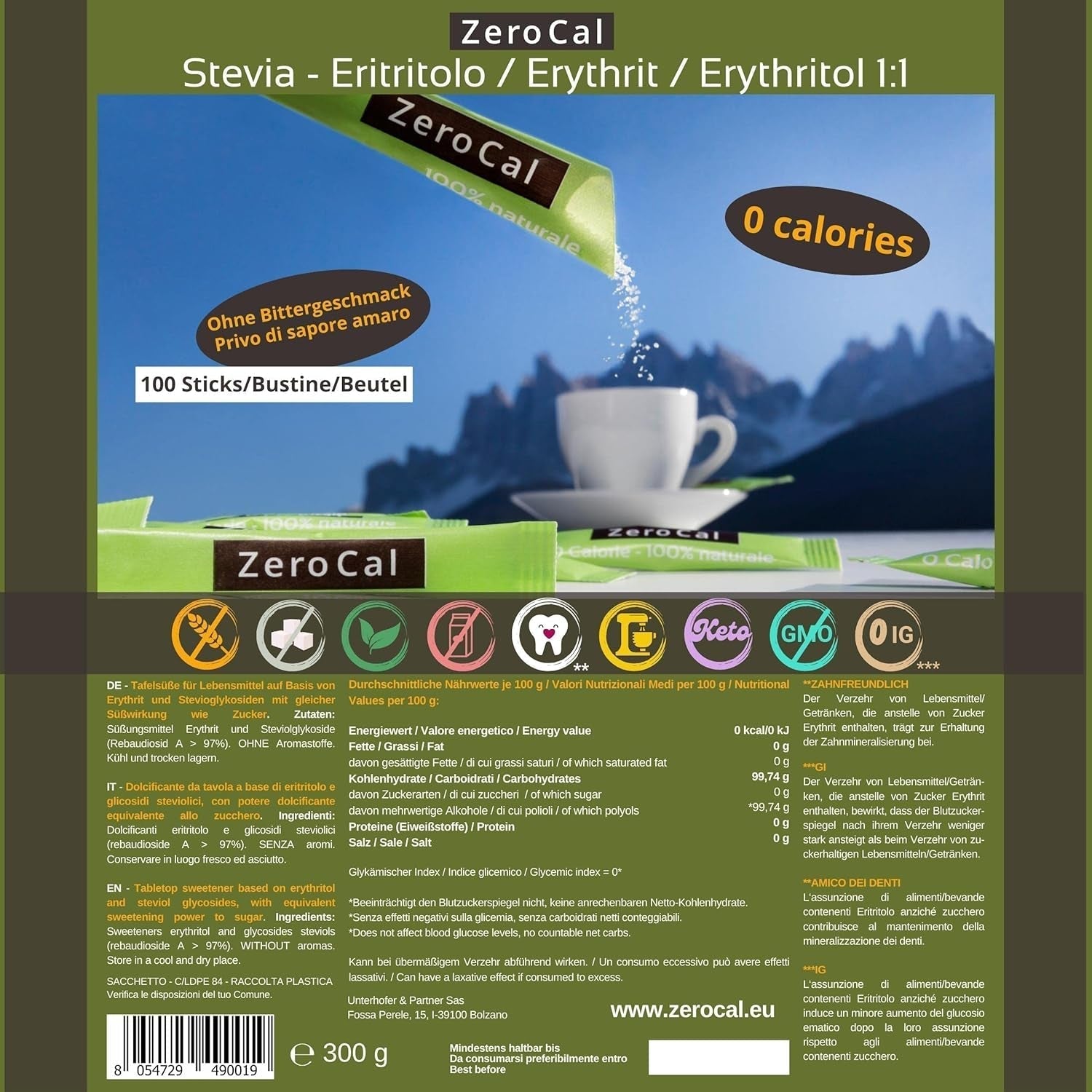 Zerocal - 1:1 (Érythritol + Stevia) 100 Sticks Je 3 G | Idéal pour sucrer le café, le thé et d'autres boissons Gleiche Süßkraft Von Zucker | Sans gluten, végétalien, sans OGM | Calorien et IG = 0 Édulcorants Naty Shop