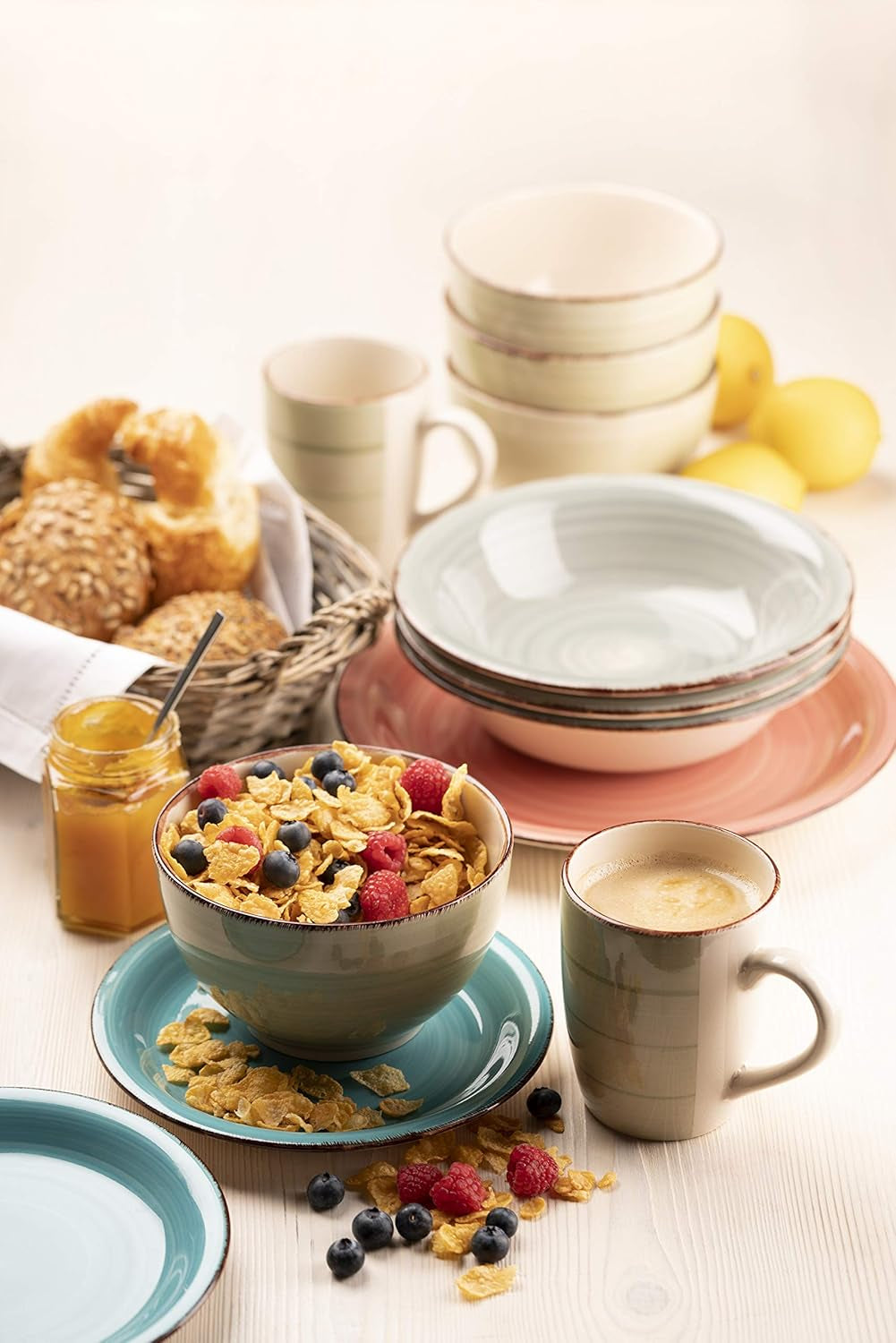 MÄSER 931495 Bel Tempo II Service de table pour 6 personnes au look vintage moderne, service de table 12 pièces, peint à la main, rose, grès