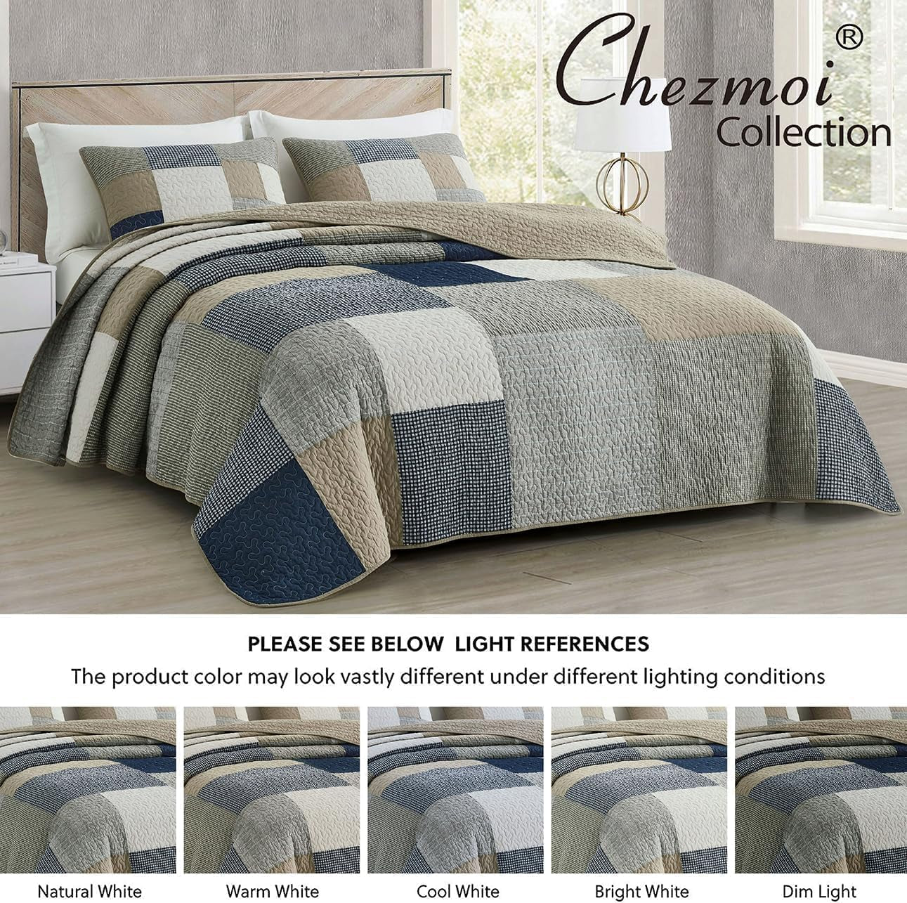 Chezmoi Collection Ensemble de courtepointe Addy Patchwork en coton prélavé léger réversible toutes saisons surdimensionné 3 pièces bleu marine blanc gris taupe courtepointes et courtepointes à carreaux Naty Shop