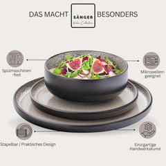 SÄNGER Louxor | Service de table en grès, 18 pièces, service d'assiettes pour 6 personnes, service de table (6 assiettes plates, 6 bols à céréales, 6 assiettes à dessert), vaisselle marron-beige résistante aux rayures | LA COLLECTION VALEUR