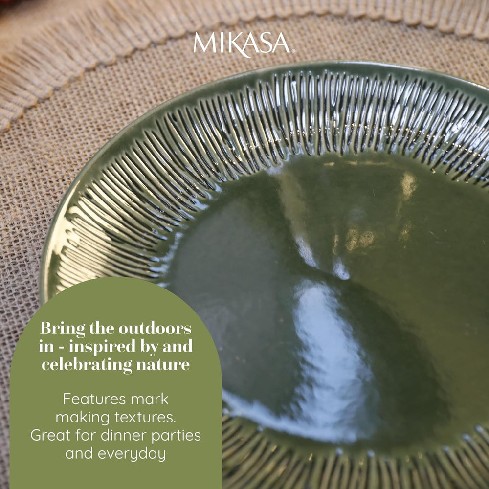 Mikasa Jardin Service de table 12 pièces, service de table en grès pour 4 personnes avec assiettes, assiettes latérales et bols, vert – Coffret cadeau et passe au lave-vaisselle