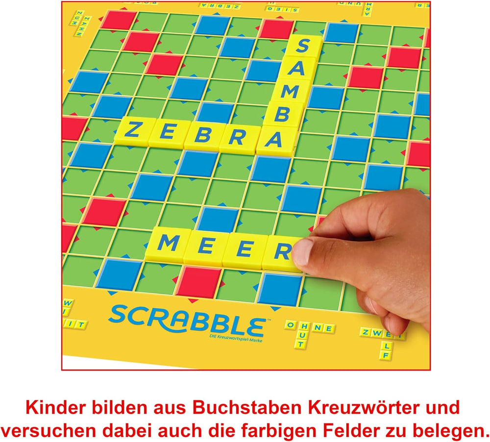 Mattel Games Scrabble Junior - Jeu de mots et jeu pour enfants, jeu de société adapté pour 2 à 4 enfants à partir de 6 ans, le design peut varier, version allemande, Y9670