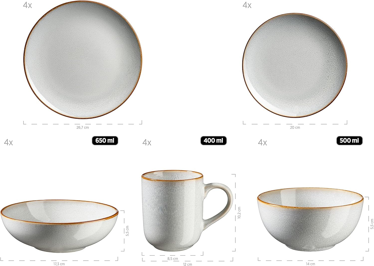 MÄSER Mabella, Service de table vintage pour 4 personnes, service combiné de 20 pièces avec vernis réactif raffiné et fine bordure marron, Grès, Gris-Beige