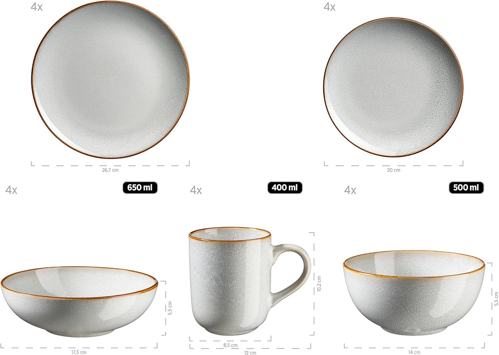 MÄSER Mabella, Service de table vintage pour 4 personnes, service combiné de 20 pièces avec vernis réactif raffiné et fine bordure marron, Grès, Gris-Beige