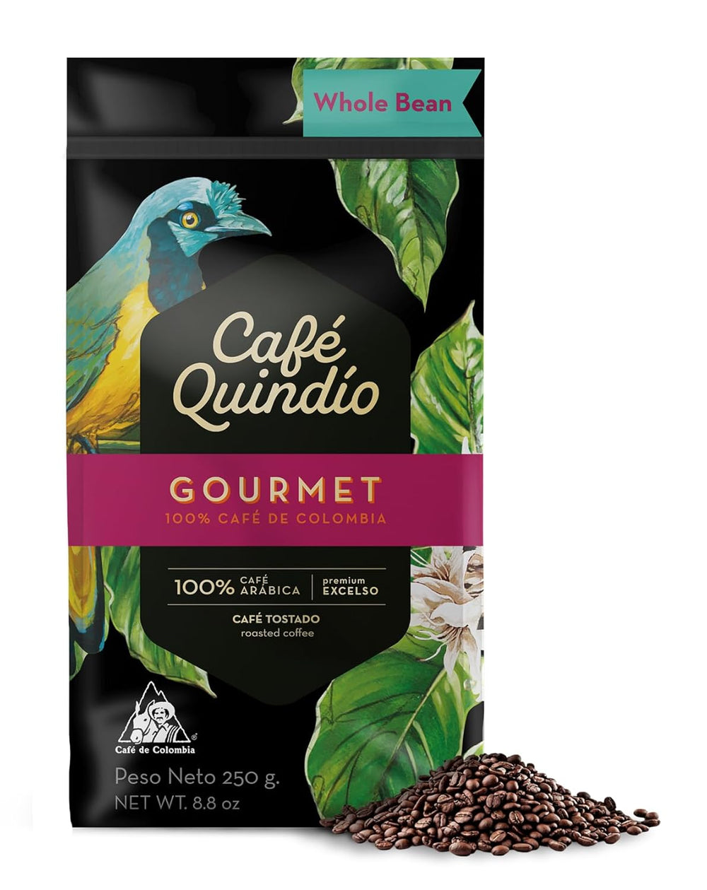 Cafe Quindio Gourmet - Café Spécial - Café en grains 100% Arabica, Colombie, 250g - idéal pour les machines à porte-filtre, les machines entièrement automatiques, le café filtre ou la presse française