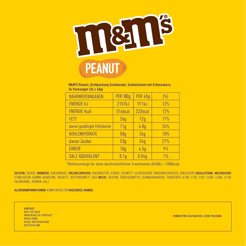 M&M's Peanut Chocolate Bulk Pack 24 x 45 g Lentilles au chocolat aromatisées aux cacahuètes Cadeau au chocolat (1080 g) Idéal comme friandise sur le thème du football