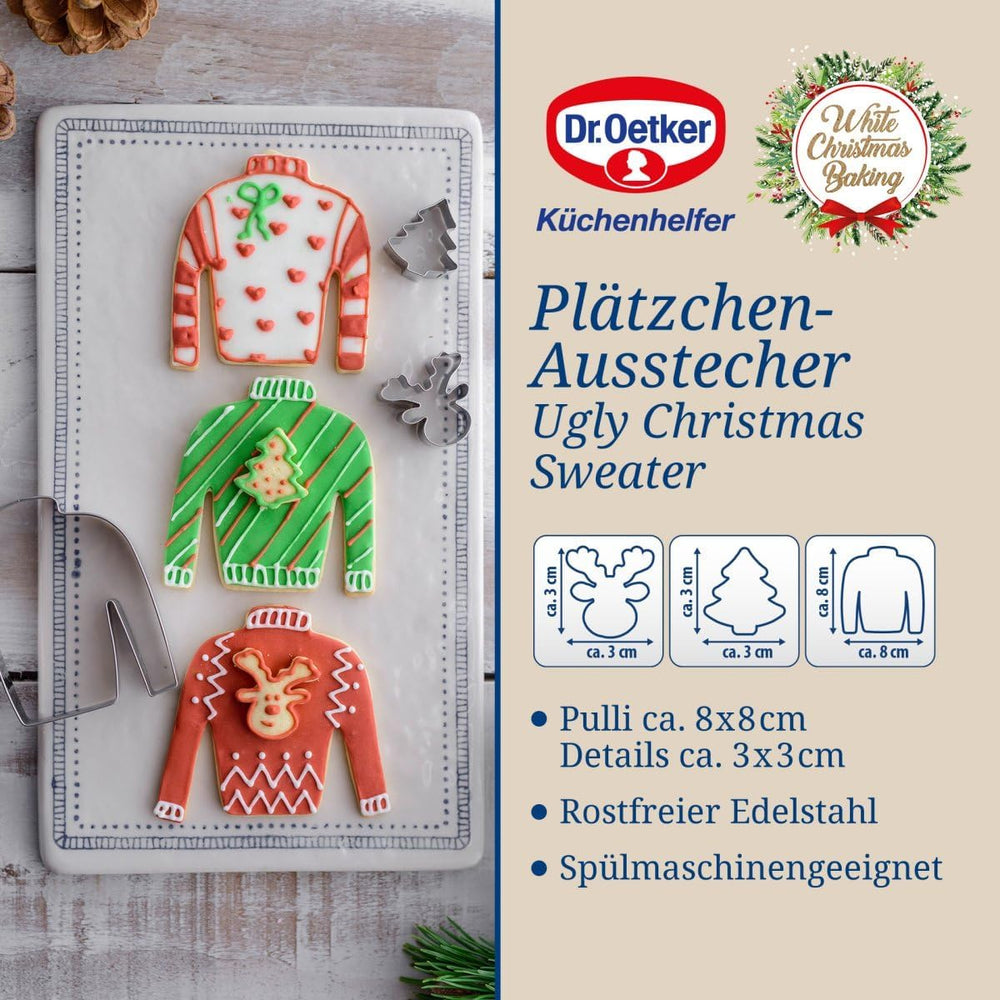 Dr. Oetker Lot de 3 emporte-pièces en forme de pull de Noël laid - Emporte-pièces, blanc, Noël, cuit - Emporte-pièces en acier inoxydable pour Noël