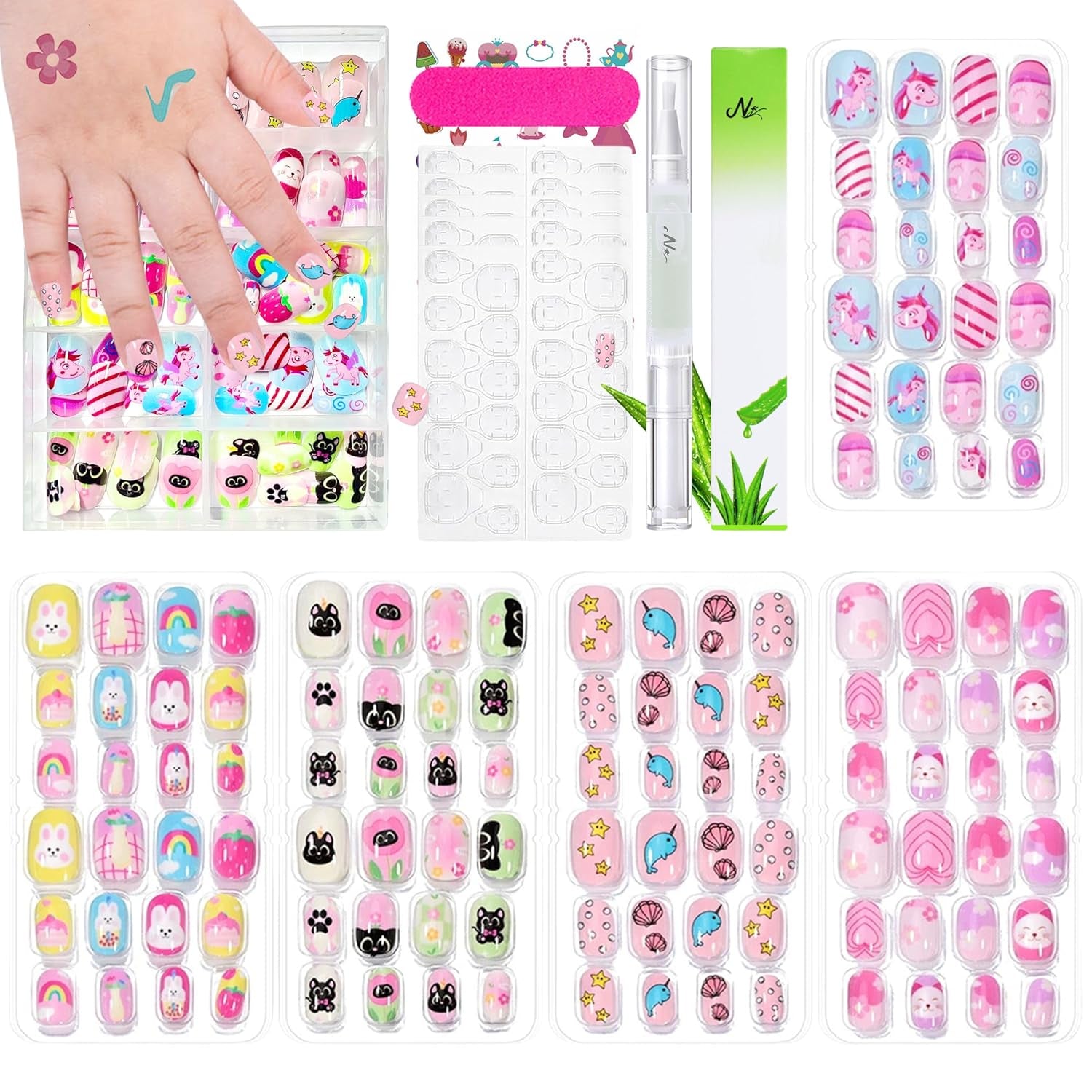 Ensemble de faux ongles – 120 pièces d'ongles autocollants pour enfants avec colle à ongles, ensemble d'ongles artificiels autocollants à couverture complète, faux ongles pour filles avec petites mains (couleur A, 120X)