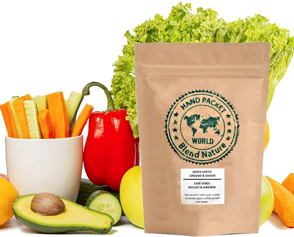 Café vert pour infusion, 100% naturel au gingembre, 500g - Grains concassés du Café Arabica Colombia Excelso - Sphère cadeau - Tamis à infusion en acier inoxydable